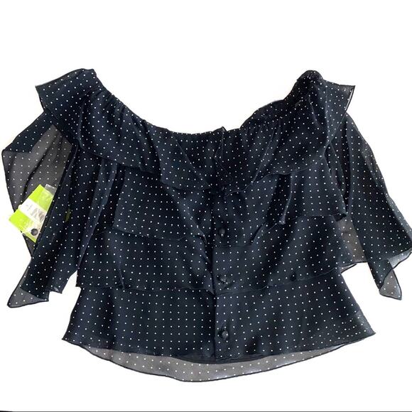 NWT Citrine Black Micro Polka Dot Tiered Ruffle Boatneck Blouse Size 12 - Picture 5 of 11